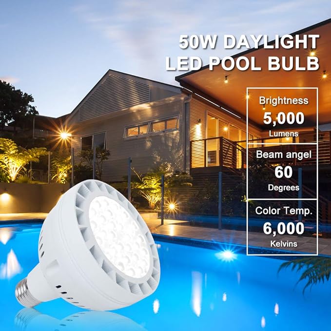 12V 50W LED Pool Light for Inground Swimming Pool, 5000LM Daylight LED Light Bulb Replacement for 300-800W Traditional Bulb, Fit in for Pentair and Hayward Pool Light Fixtures