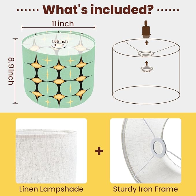 Drum Lamp Shade Mid Century Vintage 1950s Modern Retro Atomic Pattern Geometric Lampshades for Floor Lamps Table Lamp Pendant Light 8.9"x11" Linen Lamp Cover Replacement Large Lamp Shade