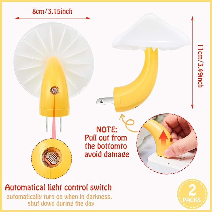 Mudder 2 Pack Mushroom Night Light Plug in Wall Lamp Sensor LED Mushroom Nightlight Cute Mini for Adult Kid Nursery Decor Gift(Yellow with White Cover)