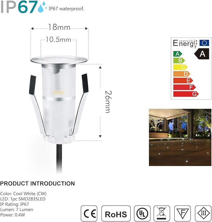 LED Deck Lights 0.7" Tiny Deck Driveway Light Dock Path Step Road Light Outdoor and Indoor Decoration Security Lighting (Cool White, 6pcs)