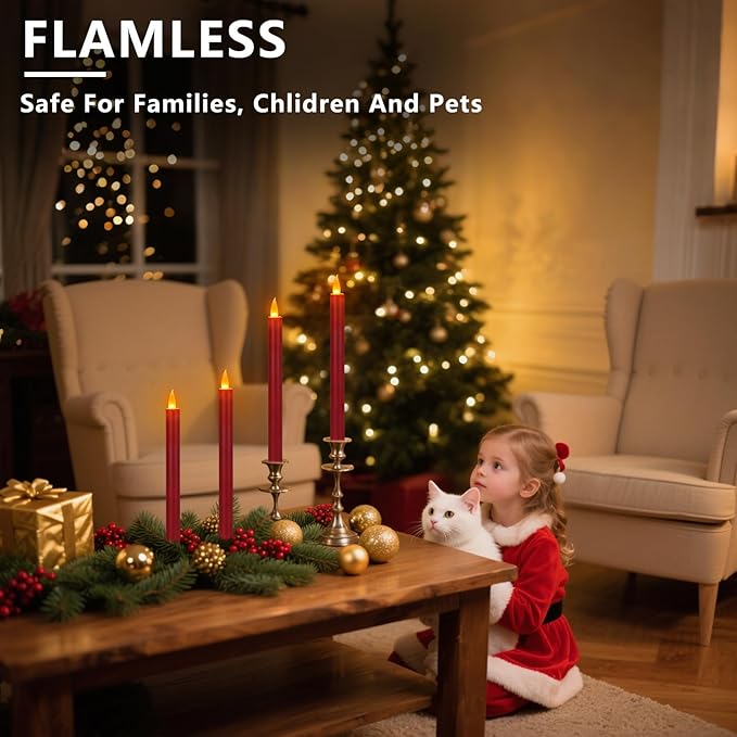 Flameless Taper Candles 10" Dripless Battery Operated Taper Candles Included Remote Timer 400+ Hours by 2AA Batteries for Halloween Christmas Wedding (Burgundy, 6 Pack)