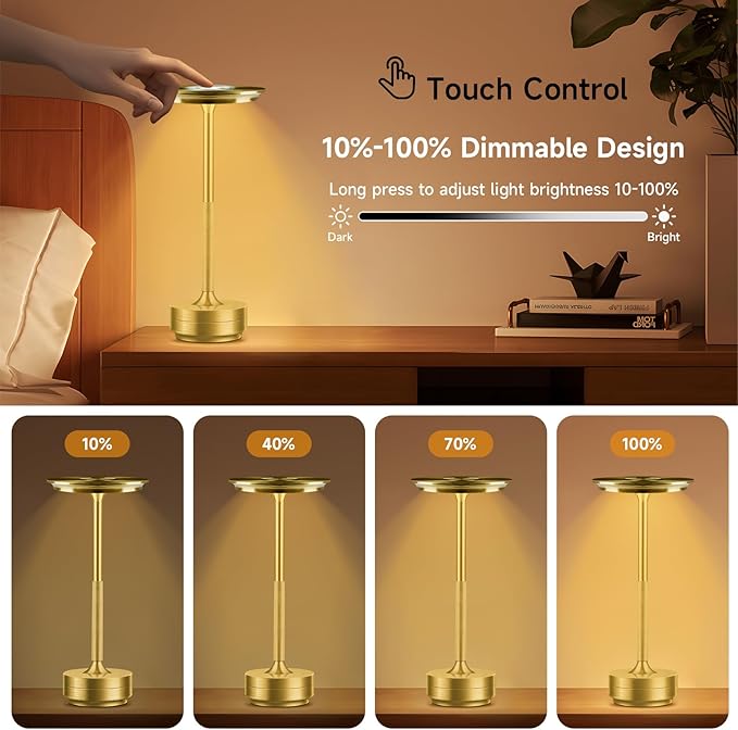 Cordless Rechargeable Table Lamps, Portable Led Ecolume Dining Table Light with Touch Control & 3 Color Dimmable, 5200mAh Battery Powered Vueeze Table Lamp for Outdoor Patio Dinner Restaurant (Gold)