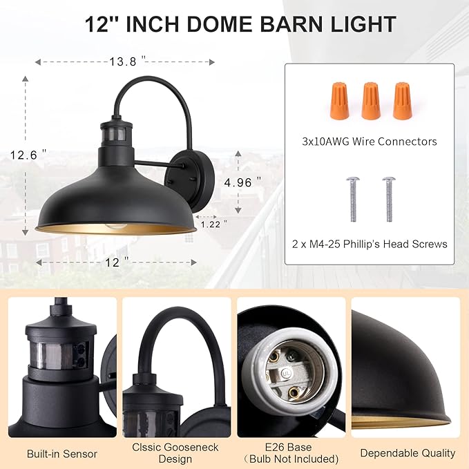 12in Exterior Barn Light Motion Sensor Black Outdoor Gooseneck Lighting Wall Mount Dusk to Dawn Farmhouse Style Outside Porch Light Fixture Outdoor Garage Barn Door Light for House