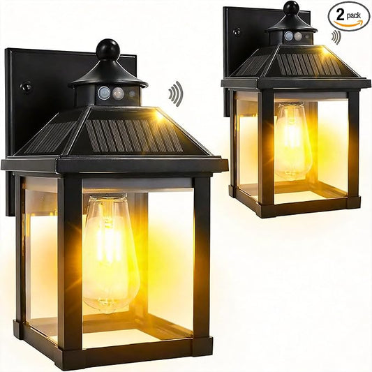 Solar Porch Lights Outdoor, Solar Wall Lights with 3 Lighting Modes&Motion Sensor, Dusk to Dawn Sconce Lights, Waterproof Lantern Fixture for Front Door Garage Porch Yard Fence (2 Pack)