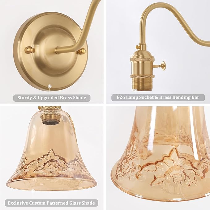 Battery Operated Wall Sconce Set of 2, Vintage Rechargeable Wall Lights with Amber Morning Glory Glass Shade, Wireless Indoor Wall Lamp with Remote for Bedroom Living Room Bathroom
