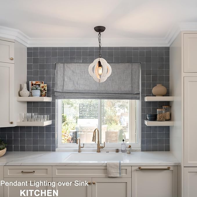 9.84" Modern Farmhouse Wood Pendant Lights Kitchen Island Orb Distressed White Oak Pendant Light Rustic Ceiling Hanging Light for Kitchen Sink Dining Room Hallway Entryway Foyer Adjustable Chain E26