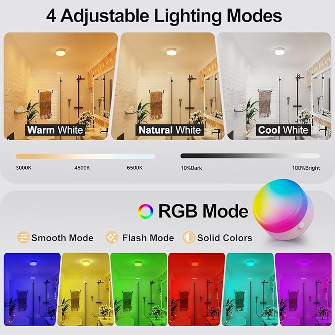 NIORSUN Rechargeable RGB Shower Light with Silicone Cover - Wireless Waterproof LED Shower Lights for Inside Shower, Remote Control & Magnetic Mount, Shower Lamp for Bathroom Closet Bedroom, 1 Pack