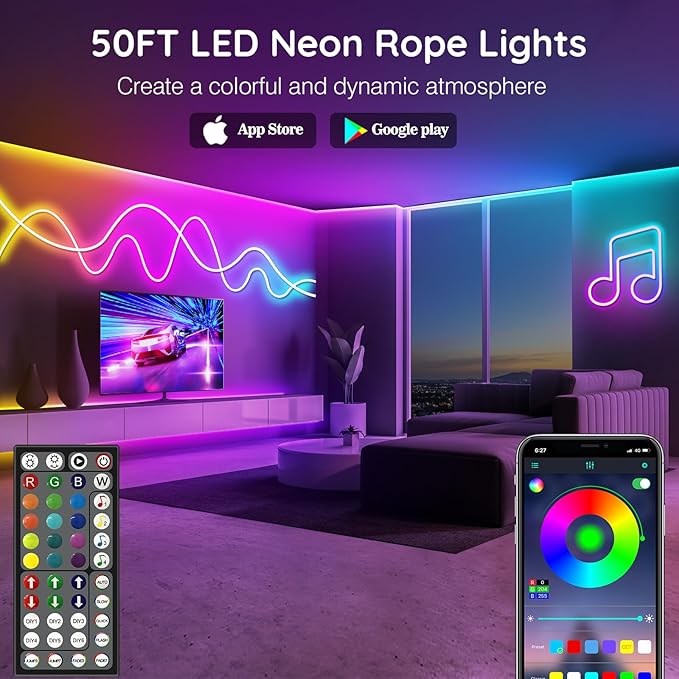 Led Neon Rope Lights 50Ft,Control with App/Remote,Flexible Rope Lights,Multiple Mode Led Neon Strip,IP65 Outdoor RGB Neon Lights Waterproof,Music Sync Gaming Led Neon Strip Lights for Bedroom Indoor