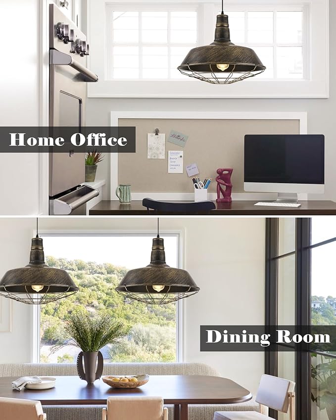 Brass Industrial Pendant Lights 2 Packs, 18.1 Inch Oversized Farmhouse Vintage Pendant Light, Black and Brass Barn Pendant Light with Wire Cage, Island Pendant Lights for Kitchen Warehouse