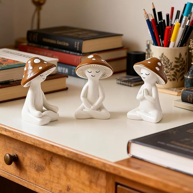 Meditation Mushroom Resin Statue - 3PCS Meditation Mushroom Statue for Desk Living Room Resin Figurine for Home Patio Office Decoration Cute Plant Statues for Tabletop Garden Backyard Decor