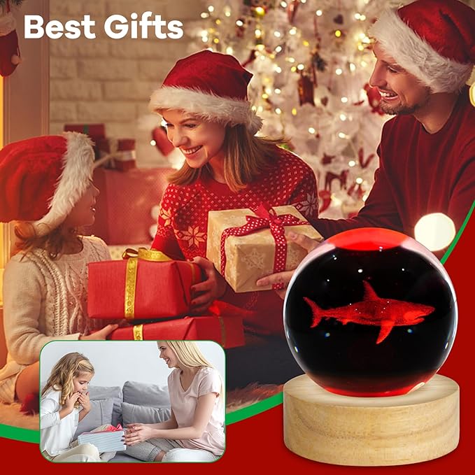 3D Crystal Ball Night Light 2.4in Shark Figurines Decor Table Lamp With 16 Colors Change - Stuff for Room Birthday Christmas Toys Gifts for Kids Friends Women Shark Lovers