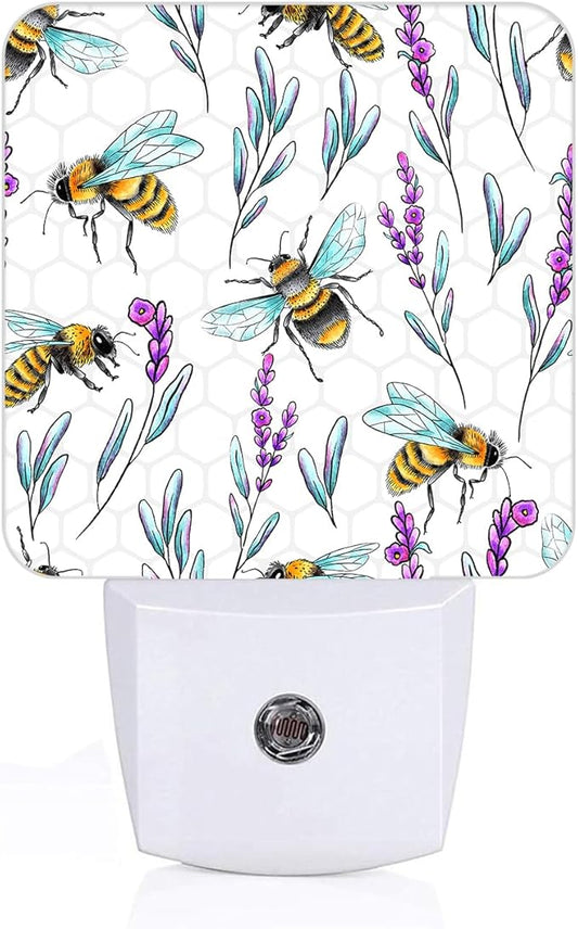 Bees and Lavender Flowers Night Light,Plug-in Night Lights with Dusk-to-Dawn Sensor for Stairway,Hallway,Bedroom Sleep Friendly Ideal for Women/Girls/Boys Gift,0.5w