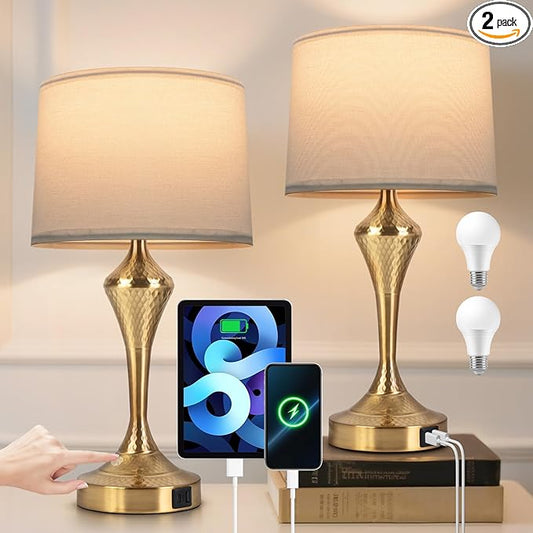 2 Pack Modern Touch Control Table Lamps with USB-C & USB-A Ports, 3-Way Dimmable Bedside Lamps, E26 Base Bulbs Included, for Bedroom Living Room, (Gold)