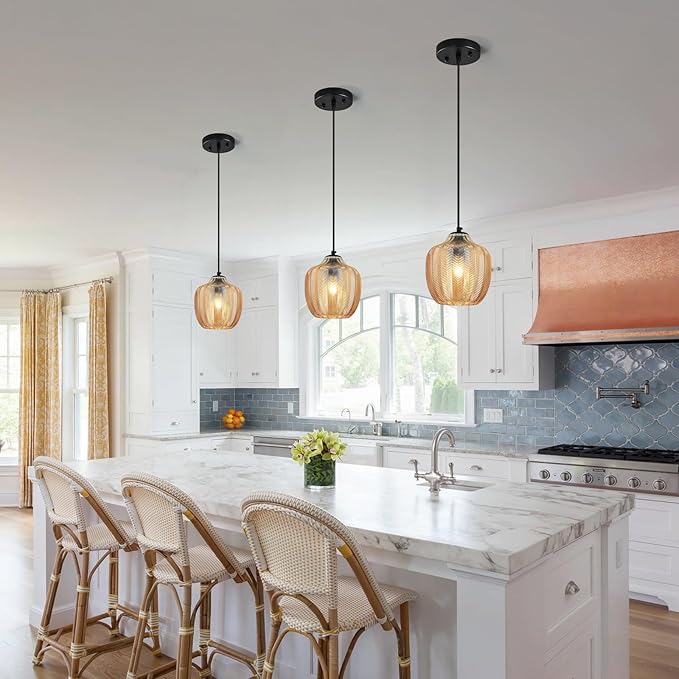 Amber Glass Pendant Lights Kitchen Island 2 Pack 6.29 in Glass Globe Pendant Light Fixture Adjustable Modern Farmhouse Pendant Lighting for Bedroom Dining Room
