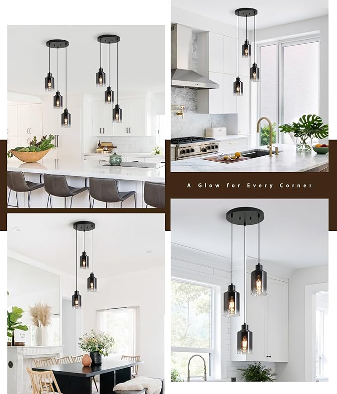 3-Light Black Pendant Lighting, Adjustable Modern Pendant Lights for Kitchen Island, Industrial Cluster Hanging Lights for Dining Table Hallway Bedroom Living Room