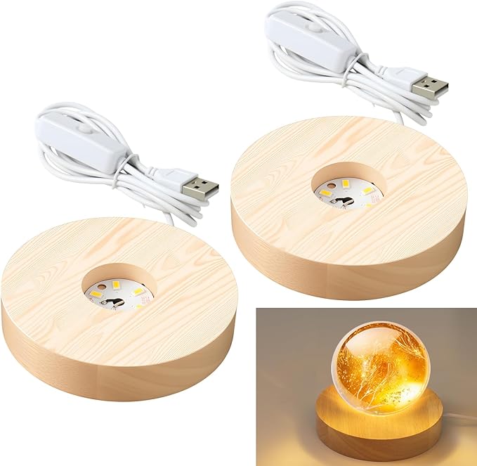 2 Pack Wooden LED Light Display Base with Switch, 3.9” Round Warm White USB Lamp Stand for 3D Printed Lithophane,Resin Art, Crystal Glass Ball & Acrylic Display