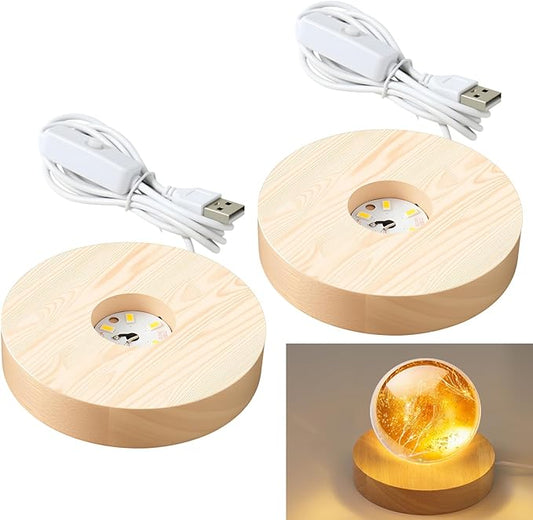 2 Pack Wooden LED Light Display Base with Switch, 3.9” Round Warm White USB Lamp Stand for 3D Printed Lithophane,Resin Art, Crystal Glass Ball & Acrylic Display