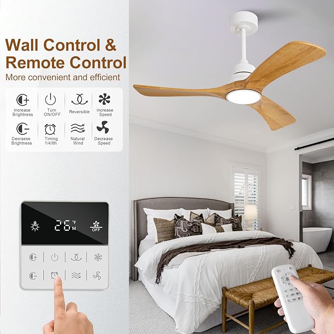 42 inch Ceiling Fan with Light and Remote Control,Wall Switch,Solid Wood Blades,Dimmable,Reversible Quiet DC Motor,Power Off Memory Modern White Ceiling Fan for Bedroom Patio Indoor/Outdoor Use