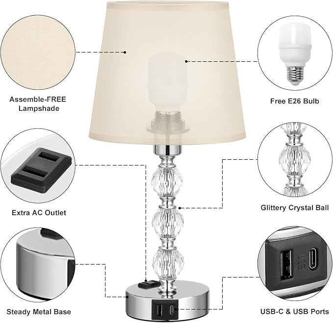 Acaxin Crystal Table Lamp Set of 2 for Bedroom/Living Room, 14.6in (Beige)