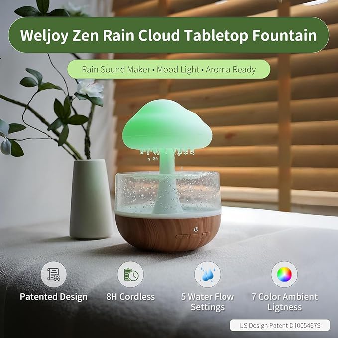Weljoy Mushroom Cloud Rain Lamp, 7 Color Changing LED Tabletop Fountain with Water Drip Sounds, USB Rechargeable Desk Decor for Home, Office (Wood Grain Base)