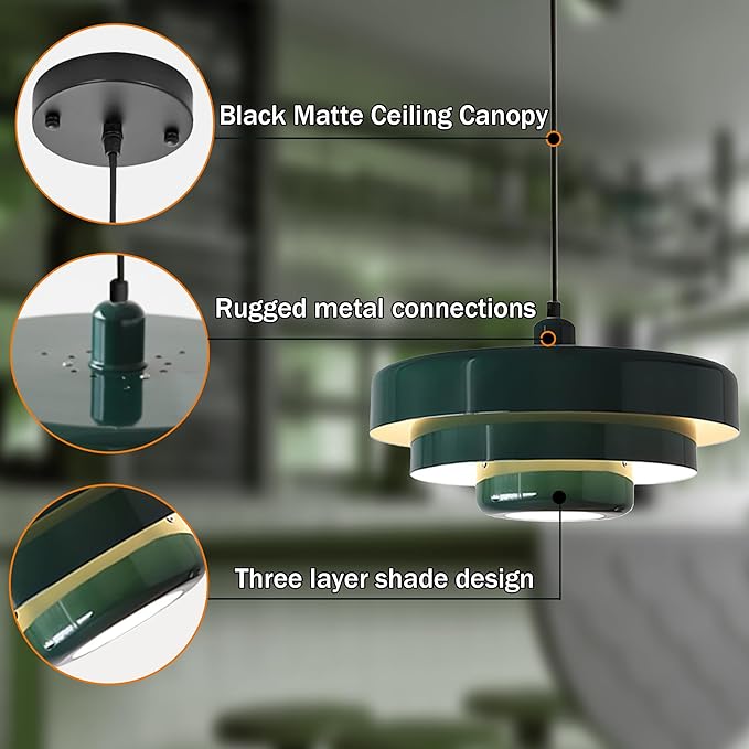 Mid Century Pendant Light Fixtures Ceiling Pendant Lighting 3-Layer Metal Shade Design Vintage Flush Mount Light for Dining Table Kitchen Island Hallway (Green)