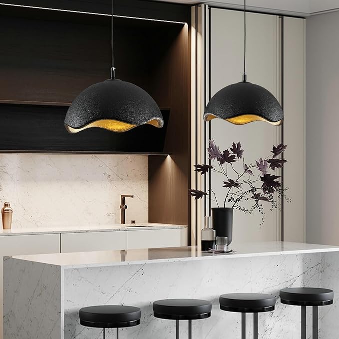 JAYMP 15.7" Modern Pendant Light for Dining Room Kitchen Island Hanging Lamp E26 Base Japanese Wabi-Sabi Style Bird Nest Shape Lighting Fixture, 1 Pack (Black + Gold,D Shape, 40cm/15.7inch)