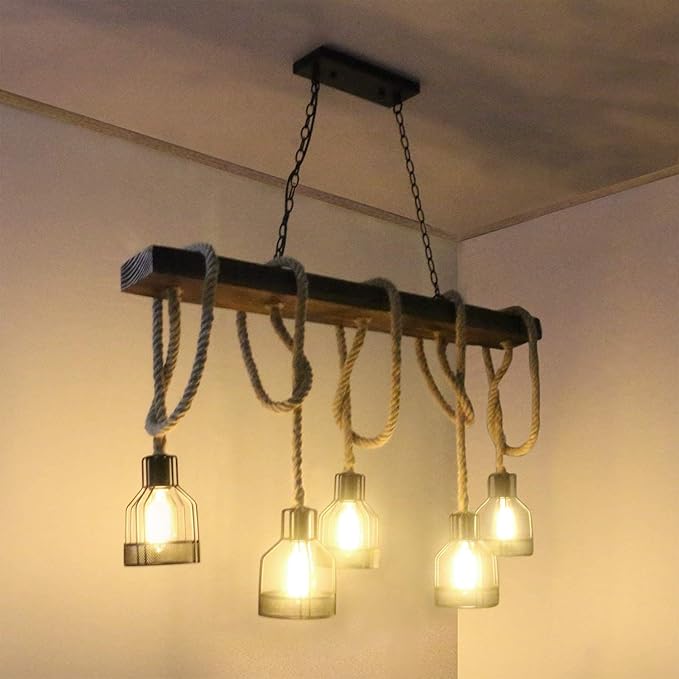 Farmhouse Pendant Lights Kitchen Island, Kitchen Light Fixtures, Rustic Dining Room Light Fixture with 5 E26 Bulb Sockets, Black Metal and Wood Beam Ceiling Pendant Light Fixtures