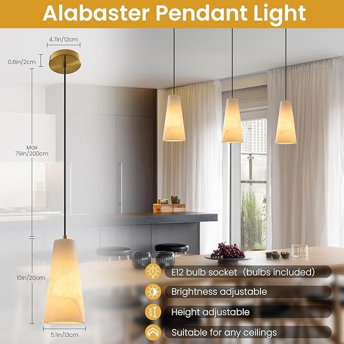 Alabaster Kitchen Island Pendant Light: White Marble Hanging Lights over Dining Table - Minimalist Natural Stone Textured Pendants Lighting - Vintage Brass Cylinder Chandelier above Sink Bulb included
