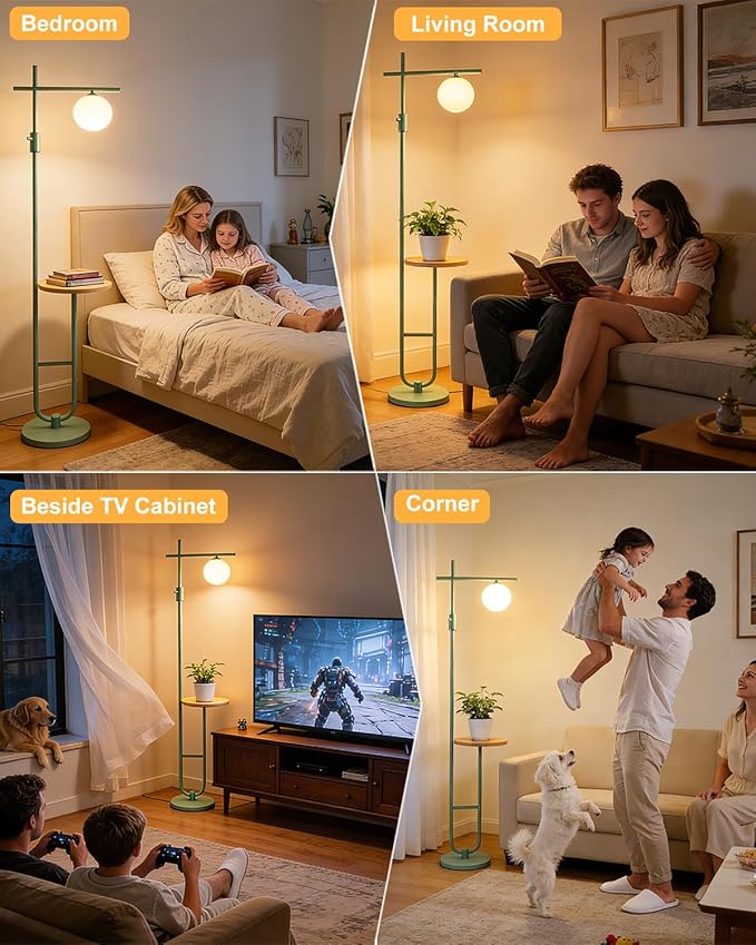Lightdot Floor Lamps with Storage Table 66IN Black Dimmable, Modern Standing Tall Lamp with Milky White Globe Lampshade, Cross-Shaped Lamp Head and U-Pole Base Style for Living Room/Bedroom/Office