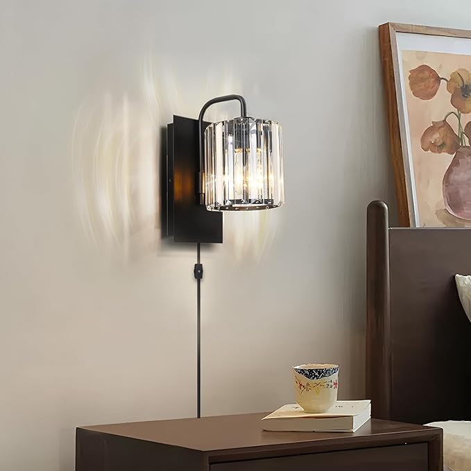 Plug in Sconces, Square Crystal Sconce Black Plug in Wall Sconce Crystal Wall Lamp with On Off Dimmer Cord, Glass Wall Light Fixtures for Living Room Bedroom Hallway Bedside