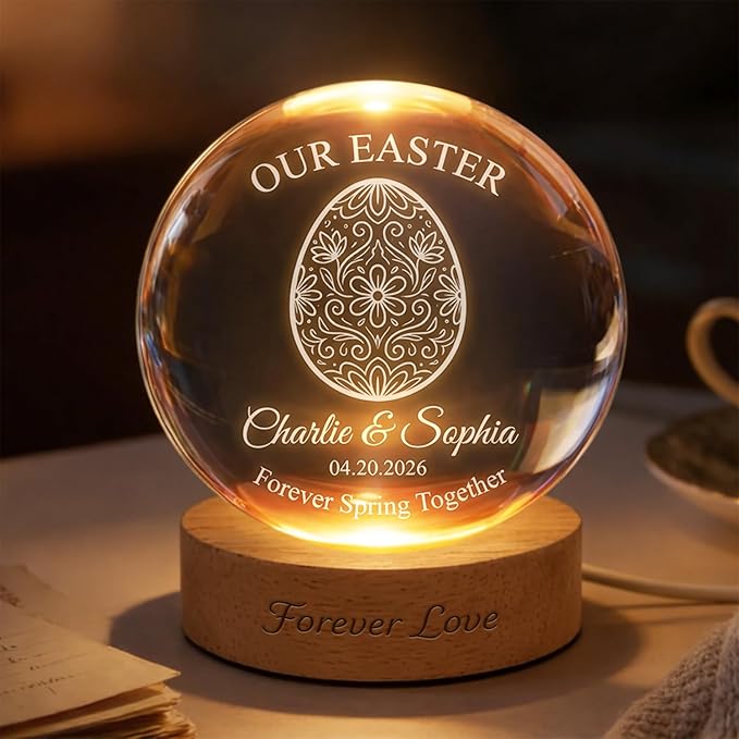 Personalized Easter Egg Crystal Ball LED Night Light, Custom Name Glass Globe Lamp with Date, Engraved Floral Egg Design Spring Keepsake Gift for Couples Family Anniversary