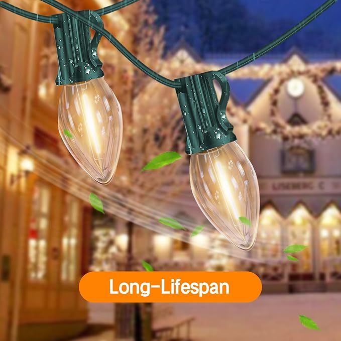C9 LED Christmas Lights Outdoor, 25FT Green Wire, Warm White Vintage Patio Hanging Lights, Waterproof for Porch, Xmas Tree, Holiday Party Décor