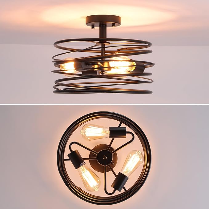 Black 3-Light Rustic Drum Semi Flush Ceiling Light Fixture, Retro Farmhouse Chandeliers Metal Cage for Dining Room, Industrial Pendant Light Fixture for Entryway Kitchen Foyer Bedroom