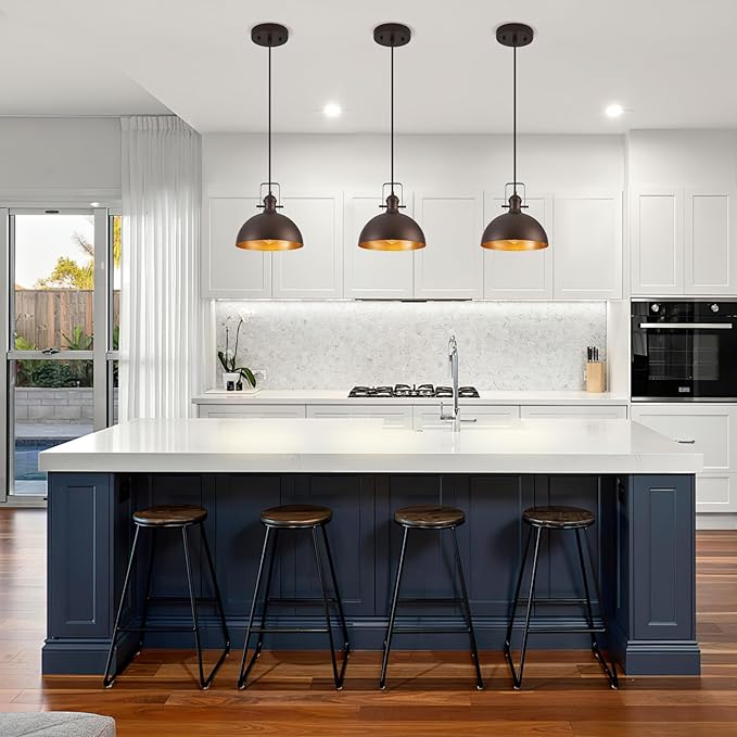 12 Inch Pendant Lights for Kitchen Island Matte ORB Farmhouse Pendant Light fixtures Adjustable Height Dome Hanging Light for Dinning Room Bedroom Hallway,3 Packs