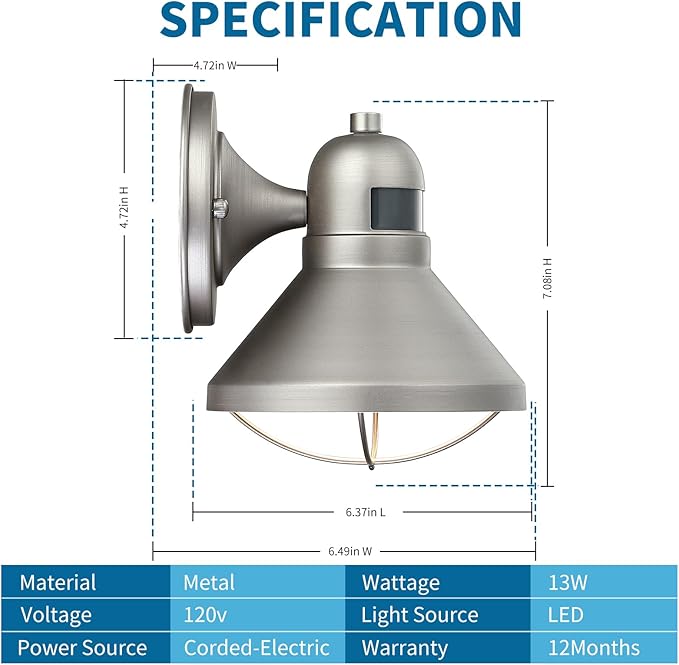 LONEDRUID Motion Sensor Outdoor LED Wall Sconce Dusk to Dawn Exterior Barn Light Fixtures Silver Outside Porch Light Waterproof Farmhouse Wall Mount Lamp for House Garage Entryway