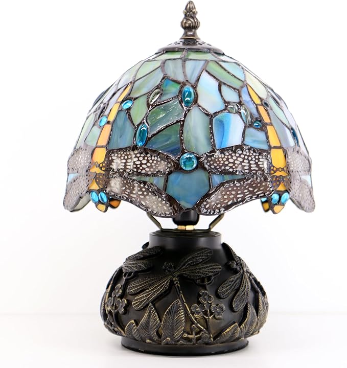 Small Tiffany Mushroom Table Lamp,Mini Memory Sympathy Antique lamp 8X11 Inch (Brown Dragonfly)
