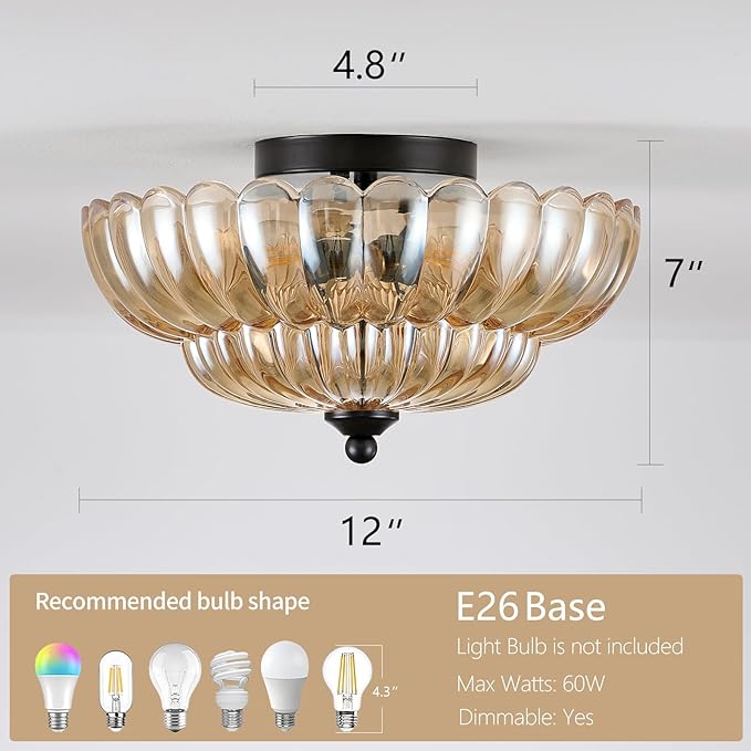 Modern Black Ceiling Light Fixture, 12" Amber Glass Flush Mount Chandeliers, Semi Flush Mount Ceiling Light Fixture Suitable for Living Room Hallway Kitchen Bedroom