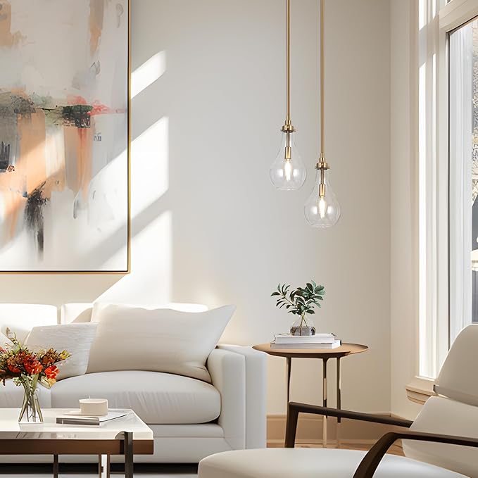 KSANA Gold Pendant Light, Modern Brass Hanging Light Fixture with Clear Glass Teardrop Shade, Adjustable Ceiling Light for Kitchen Island, Dining Room, Foyer, or Bedroom