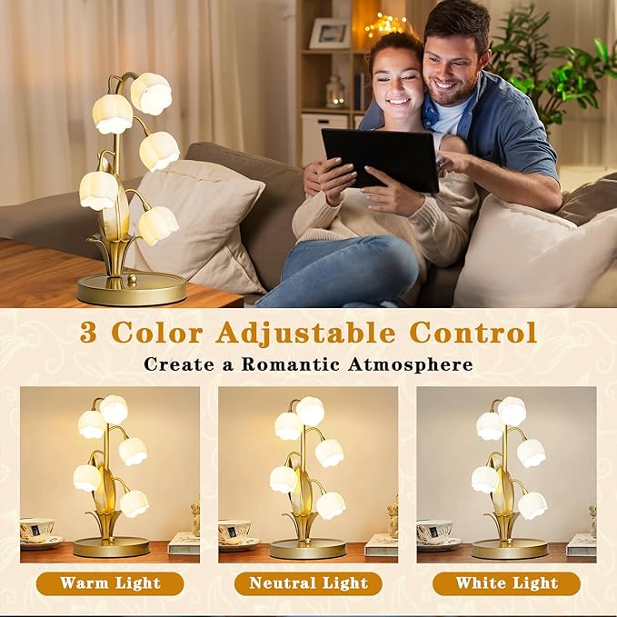 Flower Table Lamp, Lily of The Valley Lamp for Bedside Accent 3 Color Modes Cottagecore Soft Reading Night Light for Bedroom, Corner, Dorm, Entrance Home Vintage Decor (Gold)