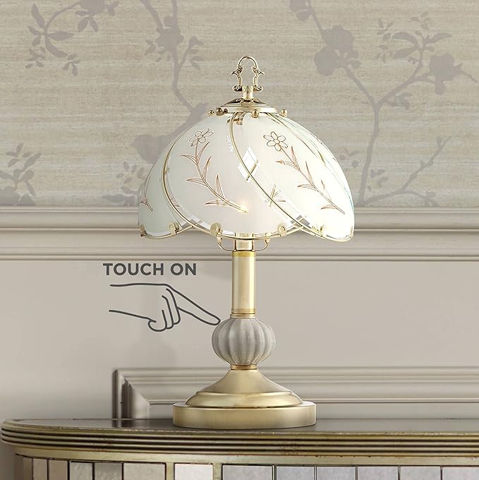 Regency Hill Traditional Accent Table Lamp 15" High Polished Brass Gold Floral Etched Art Glass Shade Touch On Off Cottage Core Decor for Bedroom House Bedside Nightstand Home Office