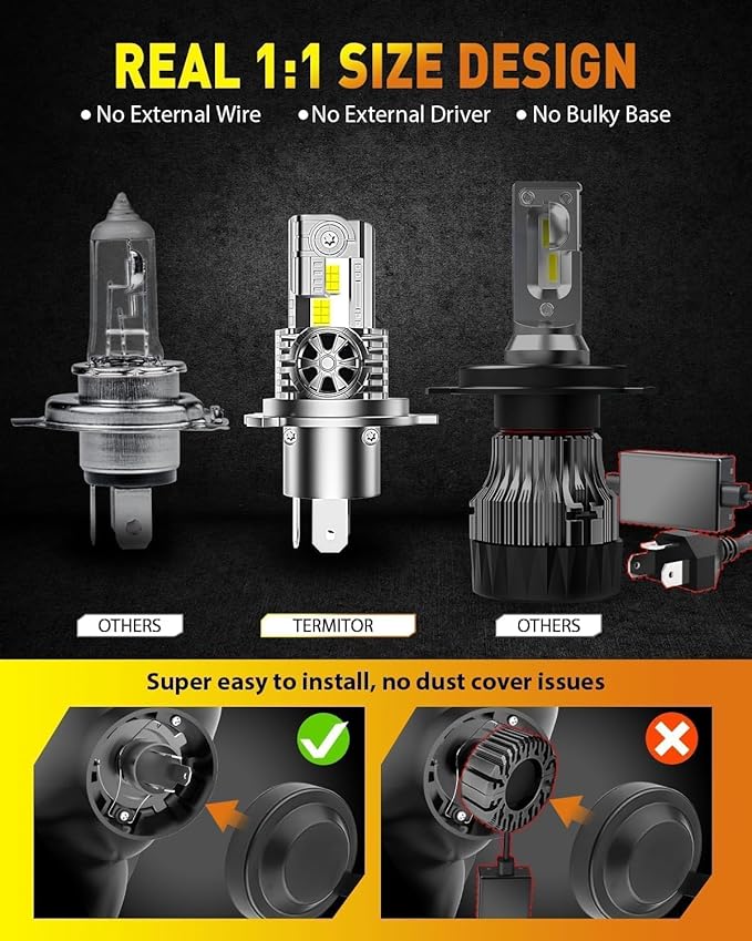 Upgraded H4/9003/HB2 Light Bulbs, 50,000LM 900% Ultra-Brighter, 6500K Cool White, 1:1 Halogen Size Fog Light Conversion Kits, Plug-N-Play, IP68 Waterproof, Pack of 2