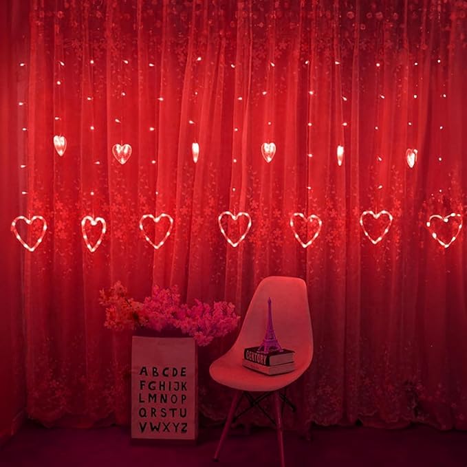 Dazzle Bright Valentines Day Lights, 138LED 9FT 12Heart Curtain String Lights with 8 Modes, Plug in Galentines Decorations for Indoor Window Outdoor Wedding Party Decor (Red)