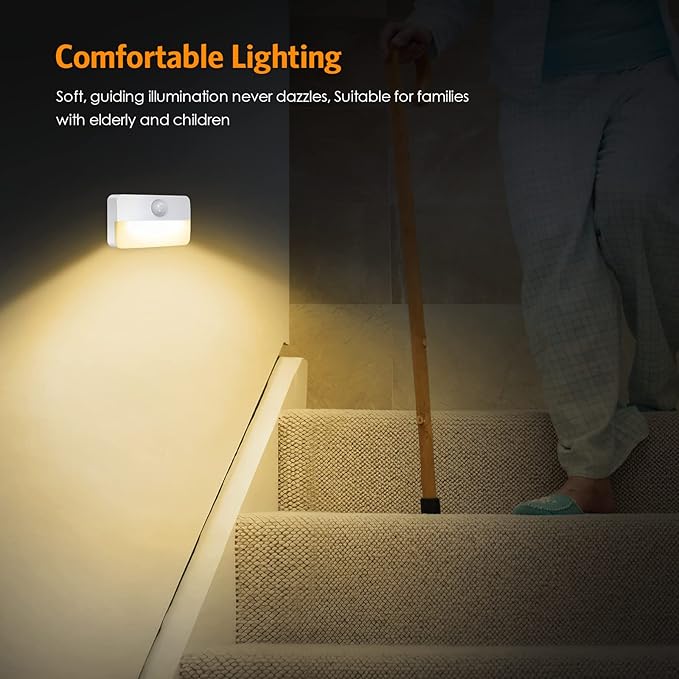 【2 Pack】Motion Sensor Night Light, Stick-On Motion Sensor Lights Indoor, Battery Powered Under Cabinet Kitchen Lights with Adhesive Pads, Auto/On/Off for Cupboard Wardrobe Stair Kitchen- Warm White