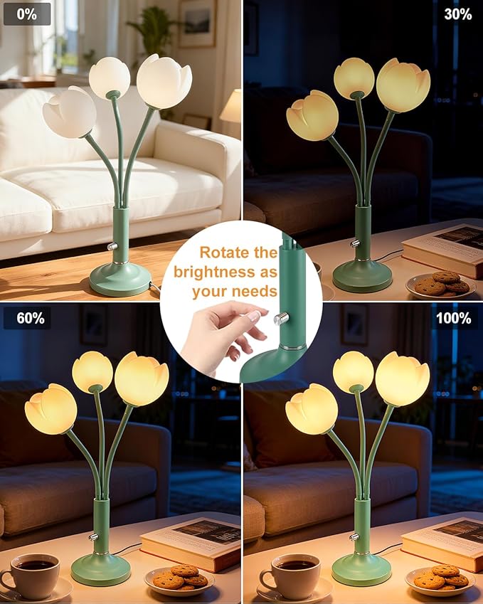 Lightdot Vintage Flower Table Lamp Set of 2, Green Small Cute Bedside Lamp with Adjustable Gooseneck& Bulbs, 3000K Warm Light Dimmable Desk Lamps Nightstand Light for Bedroom Living Room
