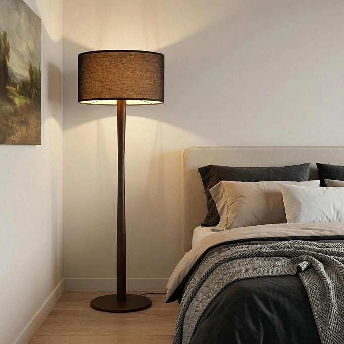 62" Tall Rustic Wood Floor Lamp for Living Room, Farmhouse Walnut Wood Floor Lamps with Linen Shade, UL Listed Standing Lamps with Wooden Base for Bedroom, Dining Room, House, Black Shade