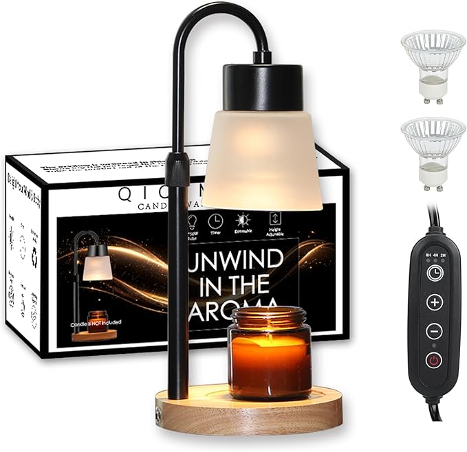 Candle Warmer Lamp Essential Oil Diffuser, Adjustable Height Dimmable Candle Warmer with Timer for Bedroom Living Room Home Decor, Christmas Birthday Gifts for Women, Black with 2 Bulbs