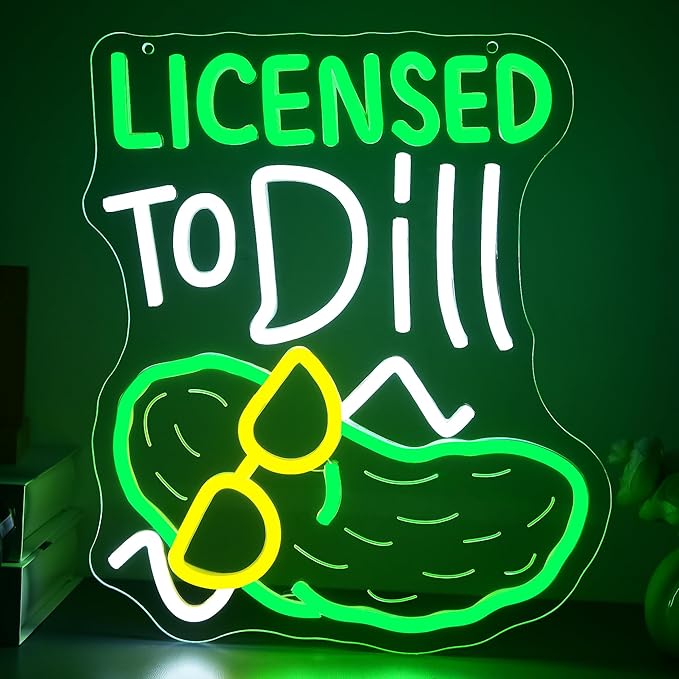 Licensed To Dill Neon Sign for Wall Decor Cartoon Pickle Neon Sign Dimmable Anime LED Light for Game Room Bedroom Party Pickle Bar Man Cave Birthday Gifts Size 13.7 * 11.4 Inch(TWP329)