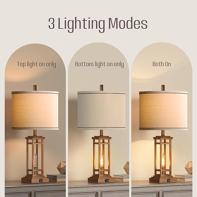 ROTTOGOON 27.5 Tall Farmhouse Table Lamp with USB C + USB A Charge Ports, Rustic Living Room Lamp, Black Industrial End Table Lamp for Bedroom Living Room Nightstand (Wood)