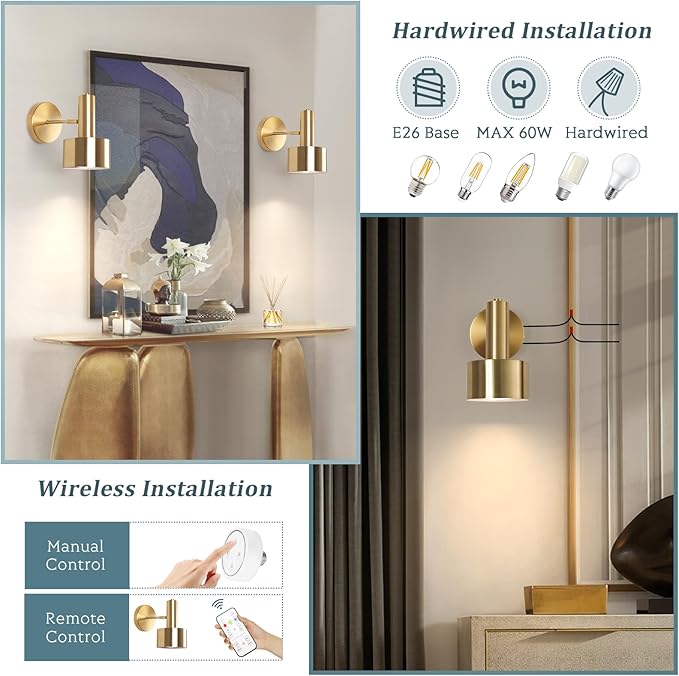 Battery Operated Wall Lights Set of 2, Wireless Battery Powered Wall Sconce, Modern Metal Indoor Wall Lamp, Dimmable with Remote, Suitable for Living Room Bedroom Golden-Like Brass Finish