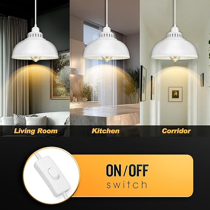 Plug in Pendant Light, 15FT Hanging Lights with Plug in Cord, On/Off Switch, Industrial Pendant Light with Plug in Cord, Metal Hanging Lamps for Living Room, Kitchen Big White